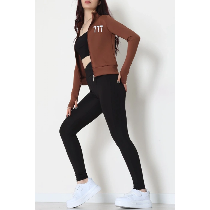 Double Krep Kumaş Parmak Geçmeli Baskılı Ceket Acıkahve - 42783.1567.