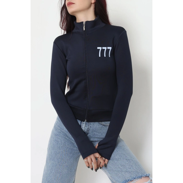 Double Krep Kumaş Parmak Geçmeli Baskılı Ceket Lacivert - 42783.1567.