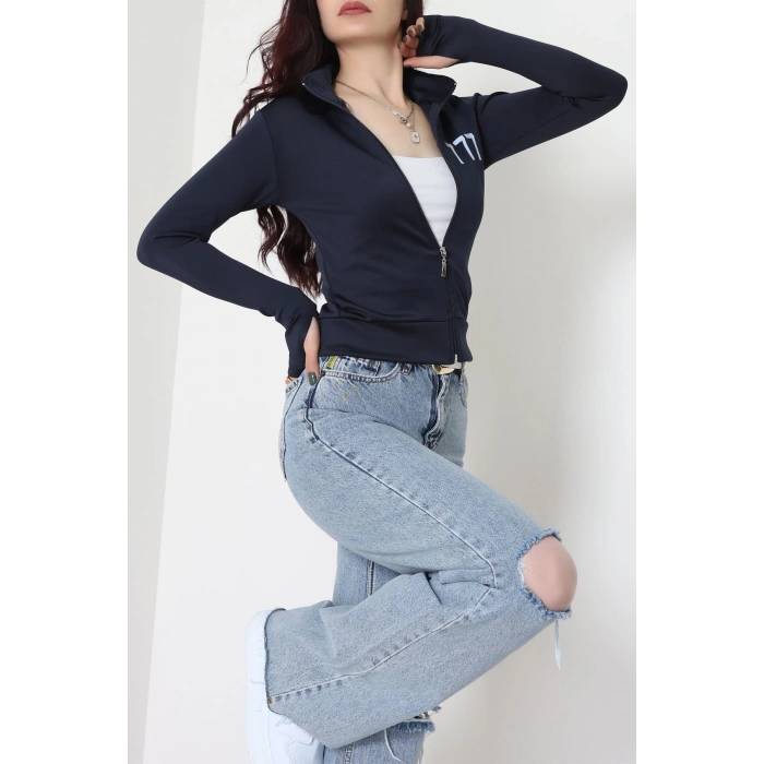 Double Krep Kumaş Parmak Geçmeli Baskılı Ceket Lacivert - 42783.1567.