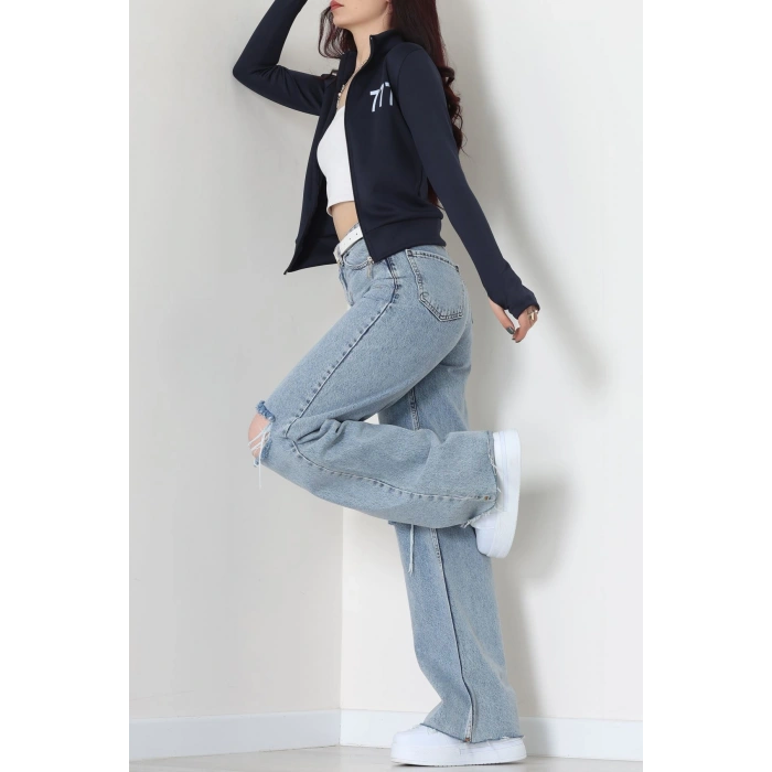 Double Krep Kumaş Parmak Geçmeli Baskılı Ceket Lacivert - 42783.1567.