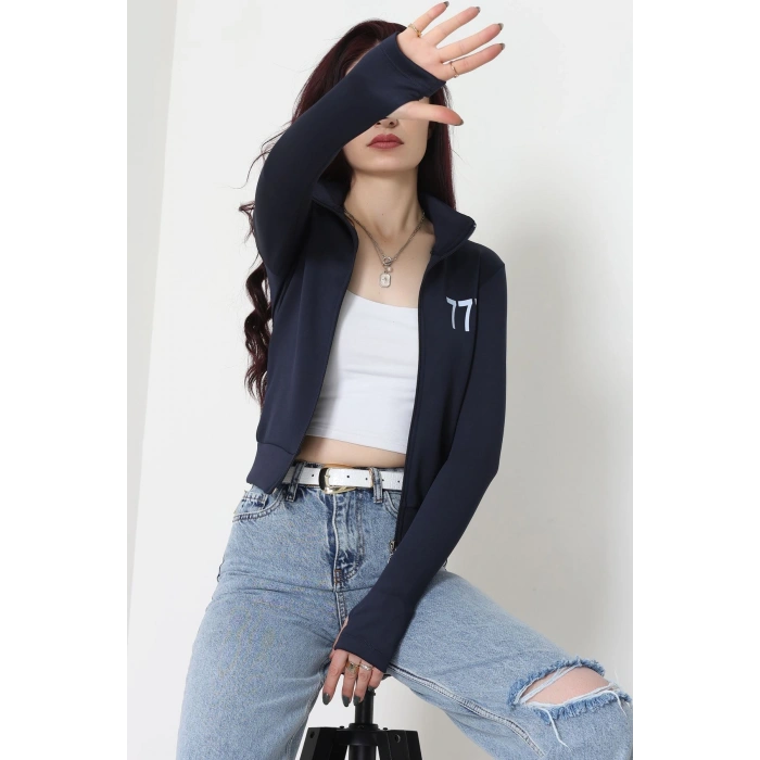 Double Krep Kumaş Parmak Geçmeli Baskılı Ceket Lacivert - 42783.1567.