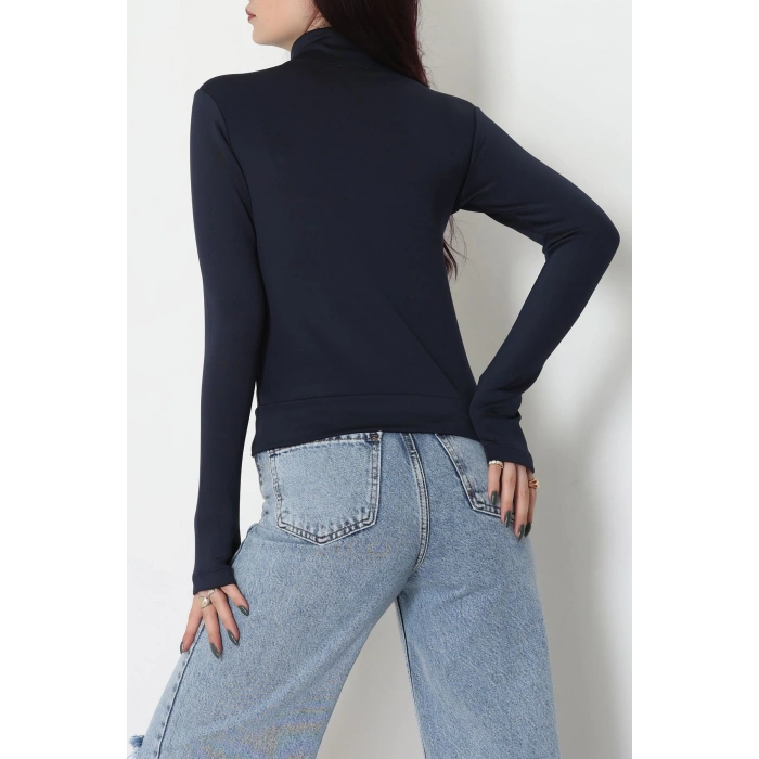 Double Krep Kumaş Parmak Geçmeli Baskılı Ceket Lacivert - 42783.1567.