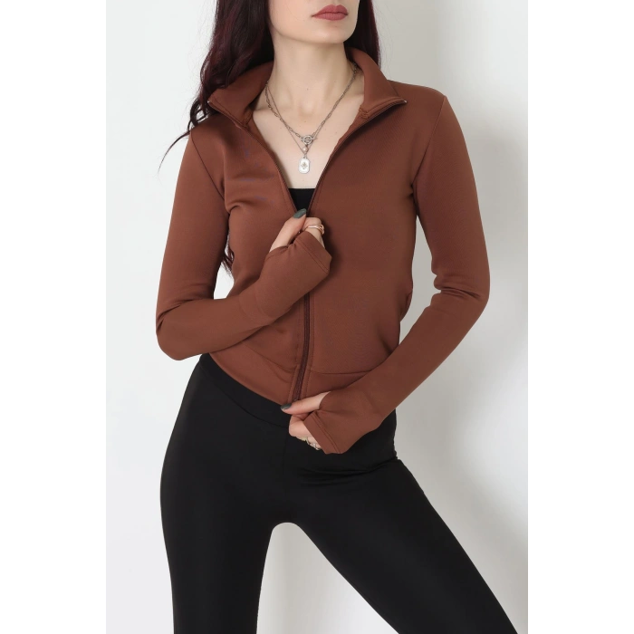 Double Krep Kumaş Parmak Geçmeli Fermuarlı Ceket Acıkahve - 42782.1567.