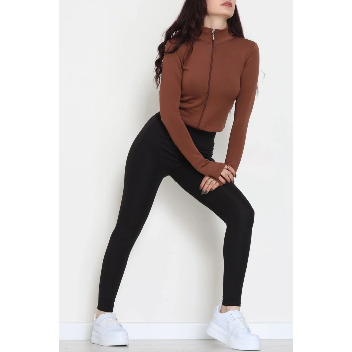 Double Krep Kumaş Parmak Geçmeli Fermuarlı Ceket Acıkahve - 42782.1567.