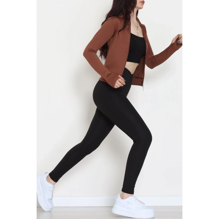 Double Krep Kumaş Parmak Geçmeli Fermuarlı Ceket Acıkahve - 42782.1567.