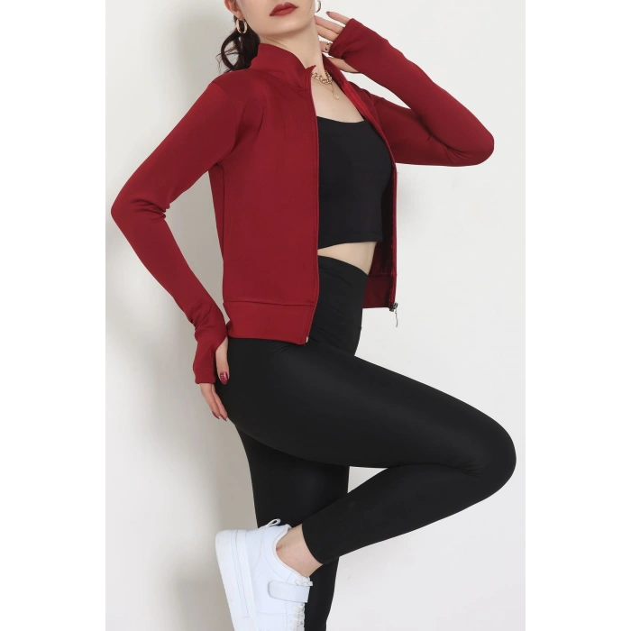 Double Krep Kumaş Parmak Geçmeli Fermuarlı Ceket Bordo - 42782.1567.