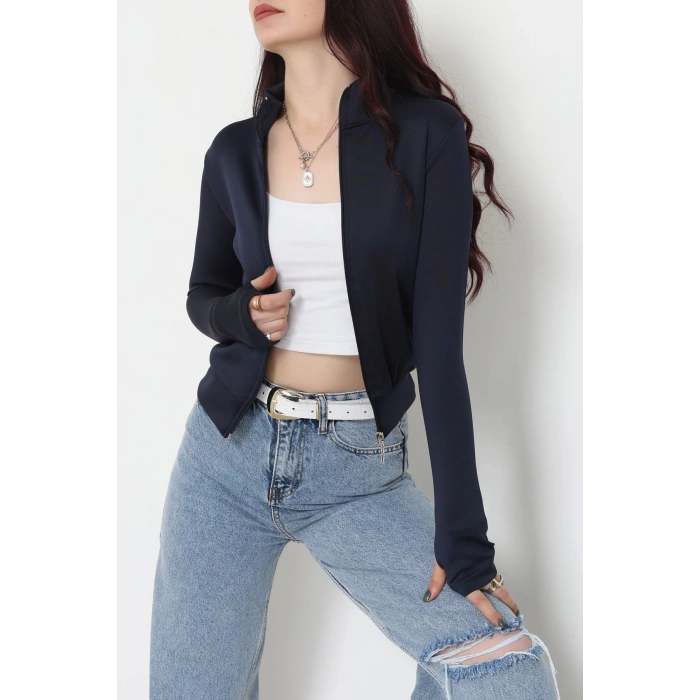 Double Krep Kumaş Parmak Geçmeli Fermuarlı Ceket Lacivert - 42782.1567.