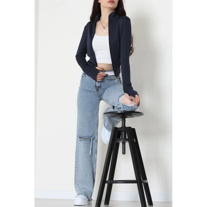 Double Krep Kumaş Parmak Geçmeli Fermuarlı Ceket Lacivert - 42782.1567.