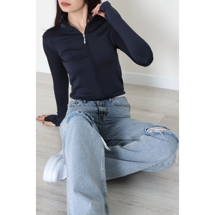 Double Krep Kumaş Parmak Geçmeli Fermuarlı Ceket Lacivert - 42782.1567.