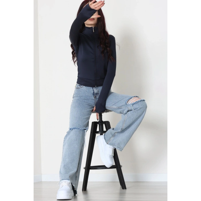 Double Krep Kumaş Parmak Geçmeli Fermuarlı Ceket Lacivert - 42782.1567.