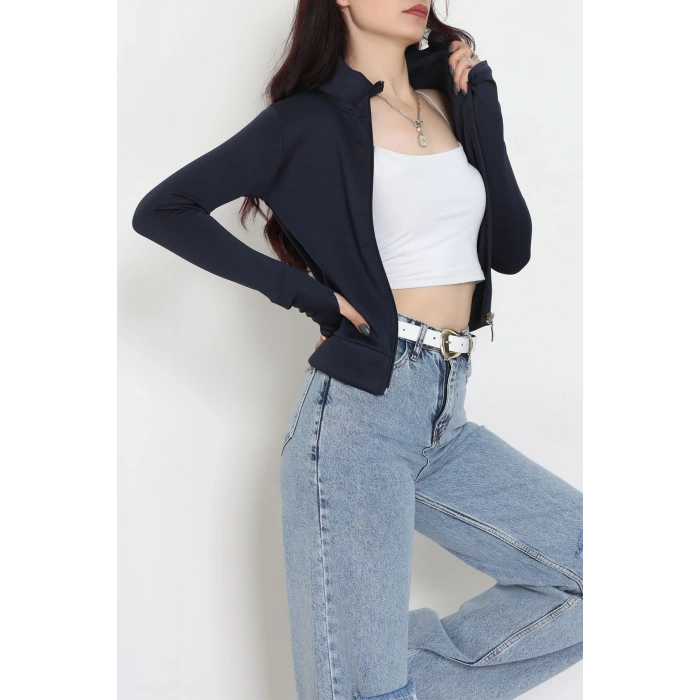 Double Krep Kumaş Parmak Geçmeli Fermuarlı Ceket Lacivert - 42782.1567.