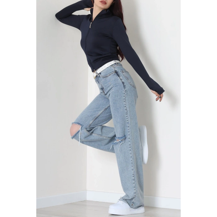 Double Krep Kumaş Parmak Geçmeli Fermuarlı Ceket Lacivert - 42782.1567.