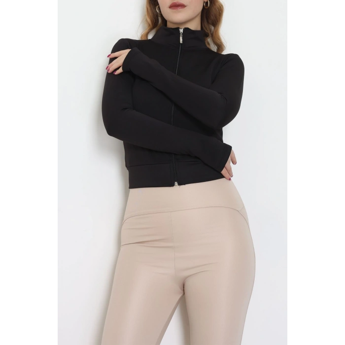 Double Krep Kumaş Parmak Geçmeli Fermuarlı Ceket Siyah - 42782.1567.