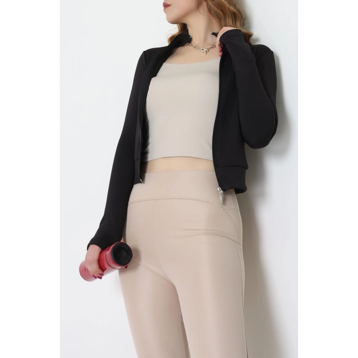 Double Krep Kumaş Parmak Geçmeli Fermuarlı Ceket Siyah - 42782.1567.