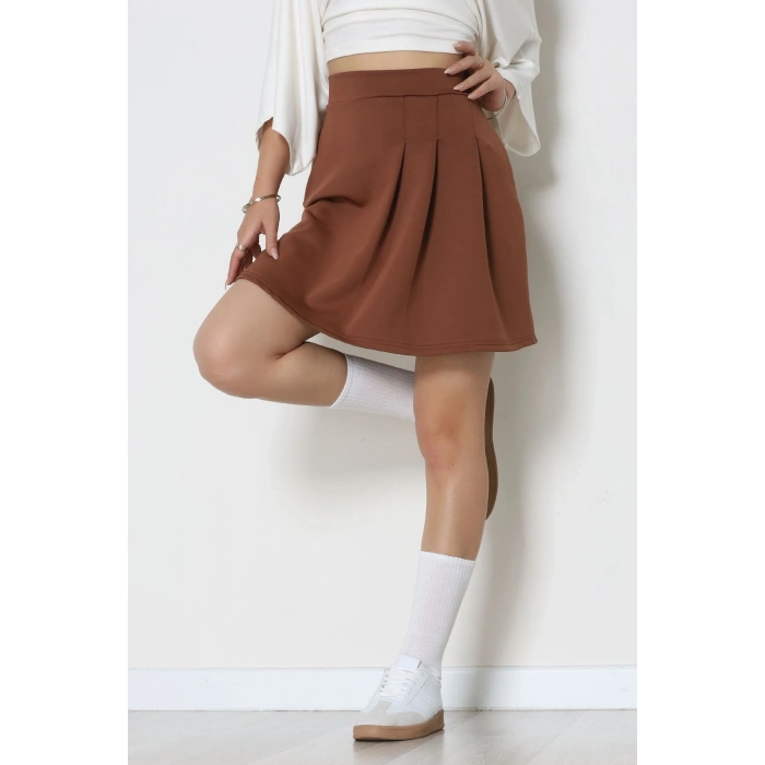 Double Krep Kumaş Pileli Mini Etek Acıkahve - 42798.1567.