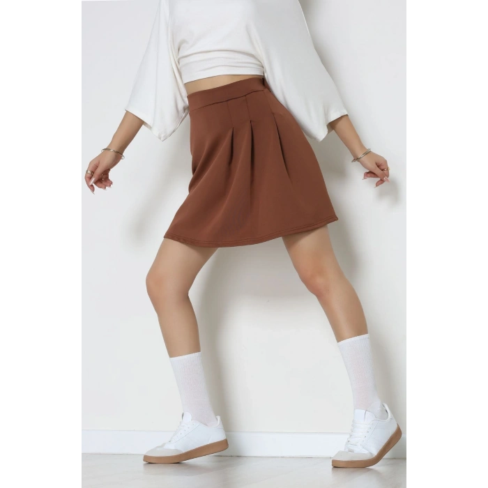Double Krep Kumaş Pileli Mini Etek Acıkahve - 42798.1567.