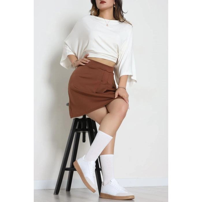 Double Krep Kumaş Pileli Mini Etek Acıkahve - 42798.1567.