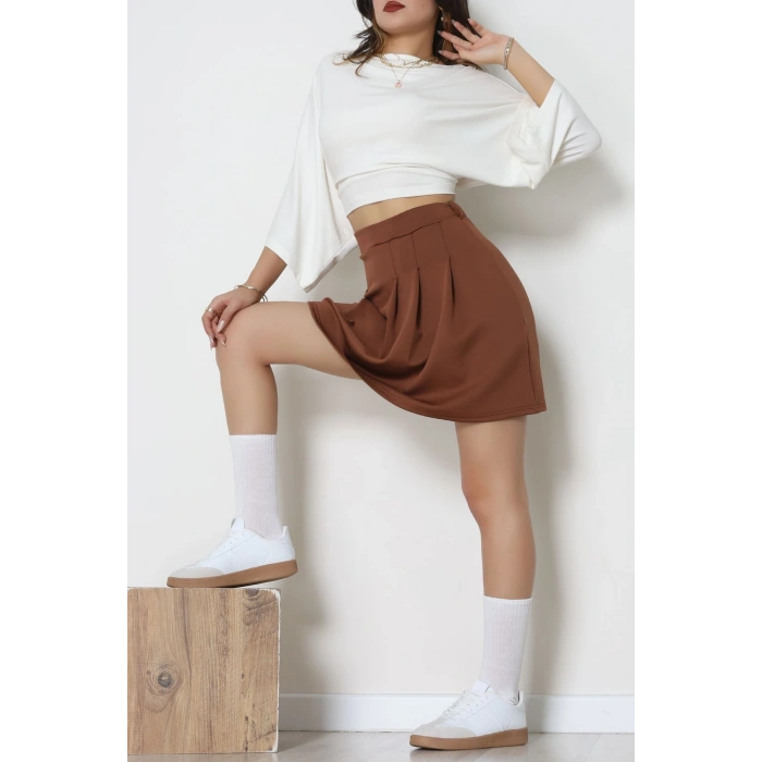 Double Krep Kumaş Pileli Mini Etek Acıkahve - 42798.1567.