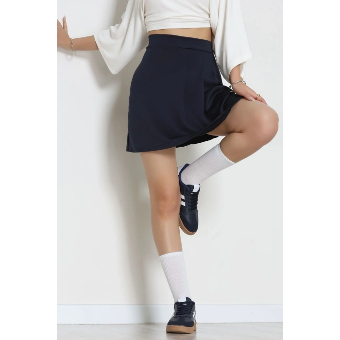 Double Krep Kumaş Pileli Mini Etek Lacivert - 42798.1567.