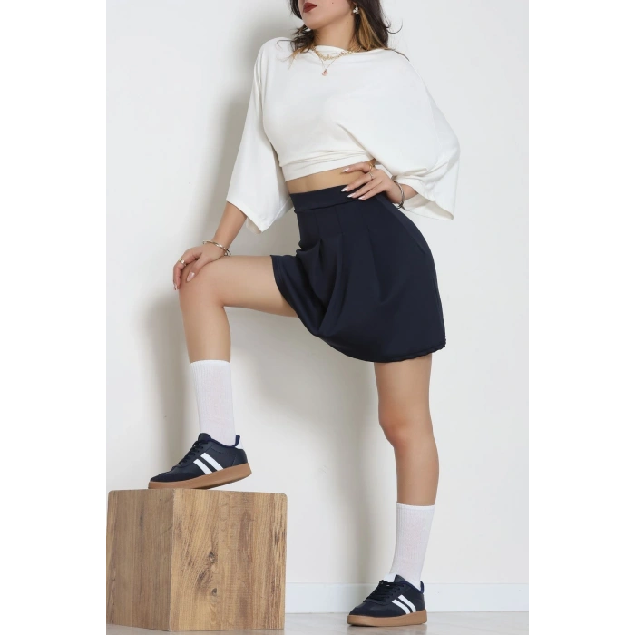 Double Krep Kumaş Pileli Mini Etek Lacivert - 42798.1567.