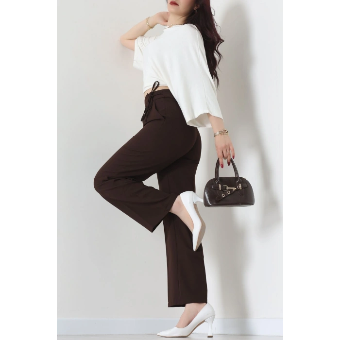 Double Kumaş İp Bağlamalı Palazzo Pantolon Kahve - 51268.683.