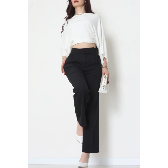 Double Kumaş İp Bağlamalı Palazzo Pantolon Siyah - 51268.683.