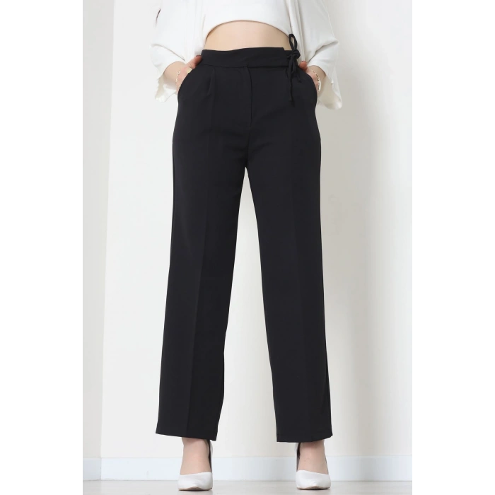 Double Kumaş İp Bağlamalı Palazzo Pantolon Siyah - 51268.683.