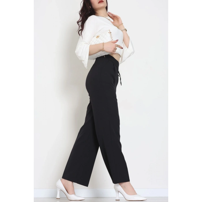 Double Kumaş İp Bağlamalı Palazzo Pantolon Siyah - 51268.683.