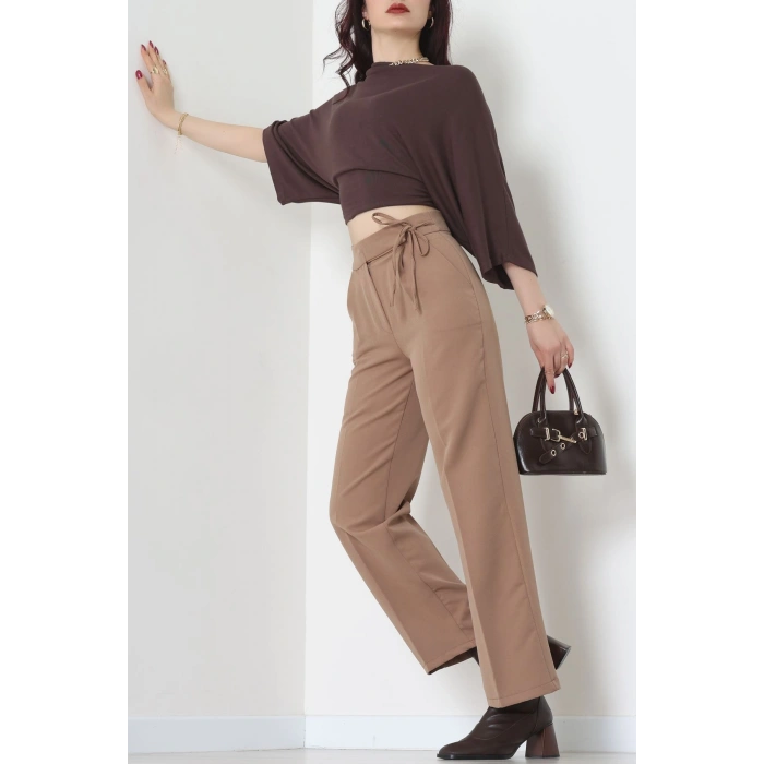 Double Kumaş İp Bağlamalı Palazzo Pantolon Sütlükahve - 51268.683.