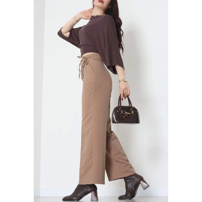 Double Kumaş İp Bağlamalı Palazzo Pantolon Sütlükahve - 51268.683.