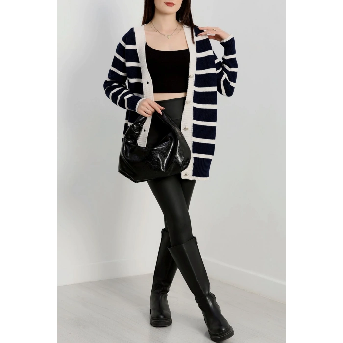 Düğmeli Çizgili Hırka Lacivertlatte - 4035.1577.