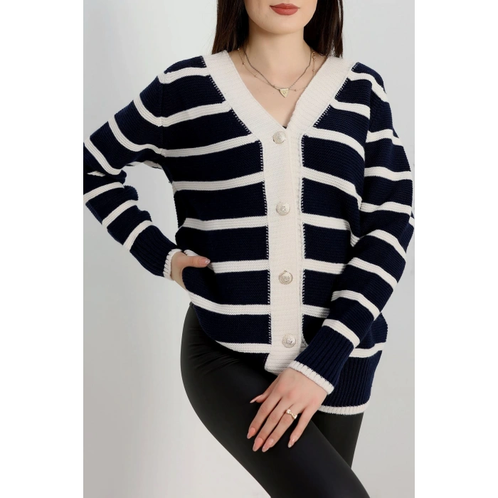 Düğmeli Çizgili Hırka Lacivertlatte - 4035.1577.