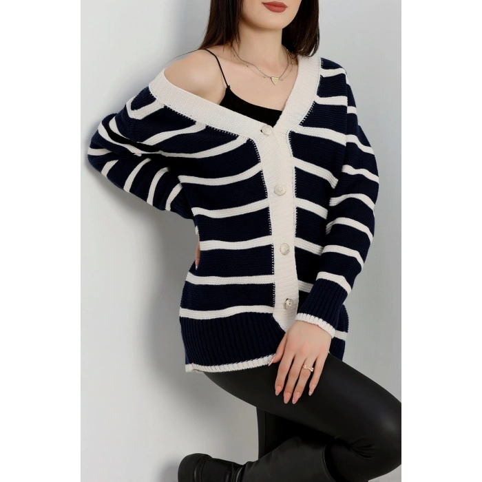 Düğmeli Çizgili Hırka Lacivertlatte - 4035.1577.