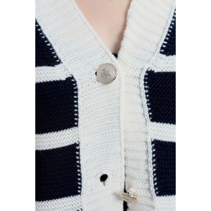 Düğmeli Çizgili Hırka Lacivertlatte - 4035.1577.