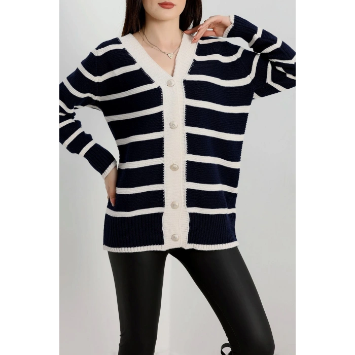 Düğmeli Çizgili Hırka Lacivertlatte - 4035.1577.