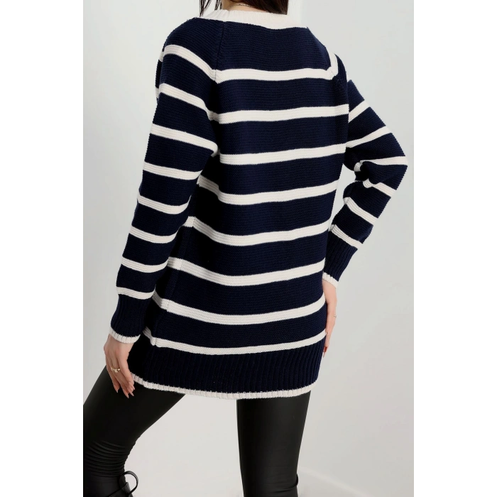 Düğmeli Çizgili Hırka Lacivertlatte - 4035.1577.