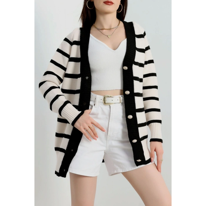 Düğmeli Çizgili Hırka Lattesiyah - 4035.1577.