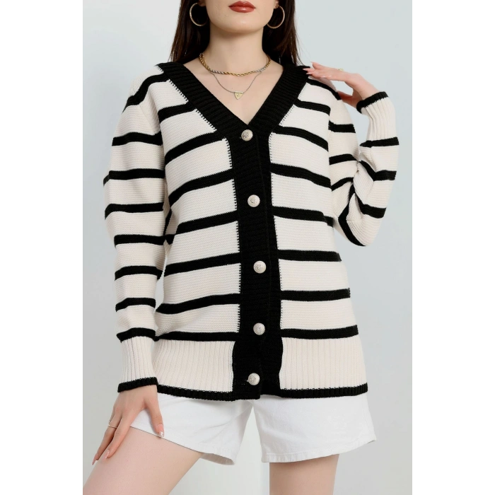 Düğmeli Çizgili Hırka Lattesiyah - 4035.1577.