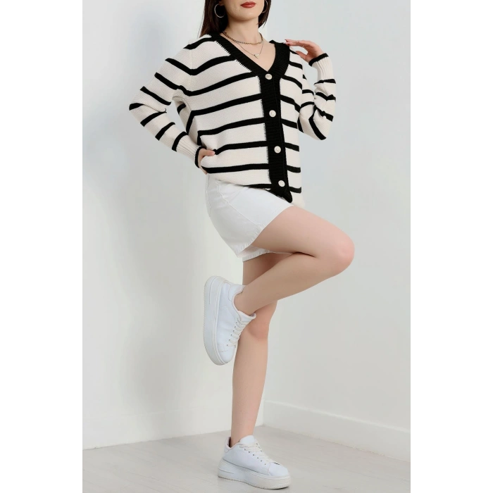 Düğmeli Çizgili Hırka Lattesiyah - 4035.1577.