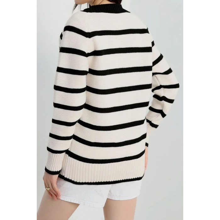 Düğmeli Çizgili Hırka Lattesiyah - 4035.1577.