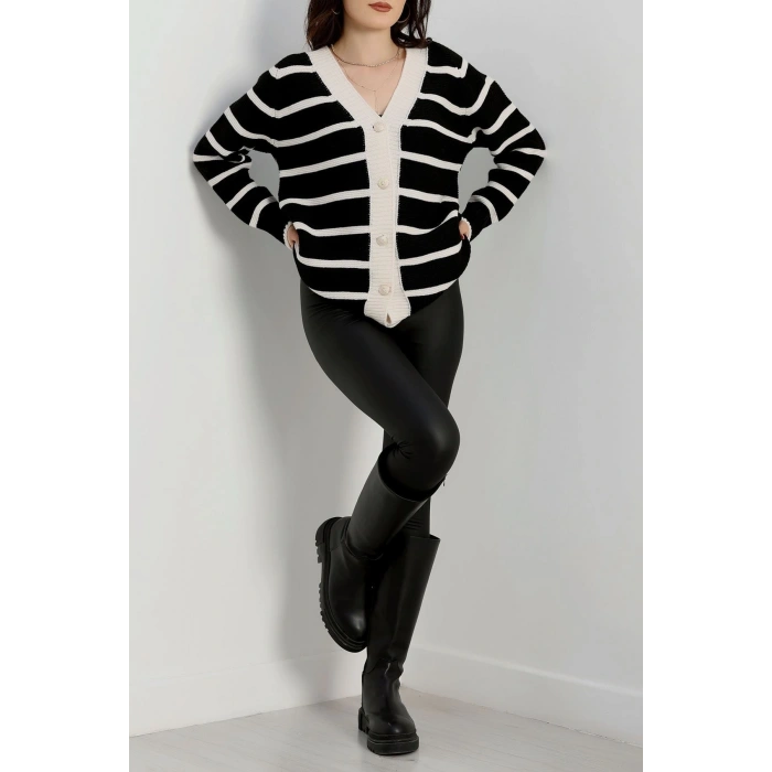 Düğmeli Çizgili Hırka Siyahlatte - 4035.1577.