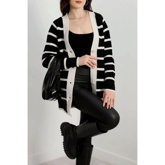 Düğmeli Çizgili Hırka Siyahlatte - 4035.1577.