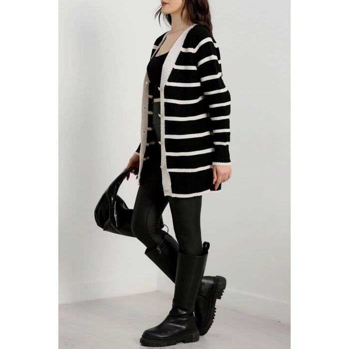 Düğmeli Çizgili Hırka Siyahlatte - 4035.1577.