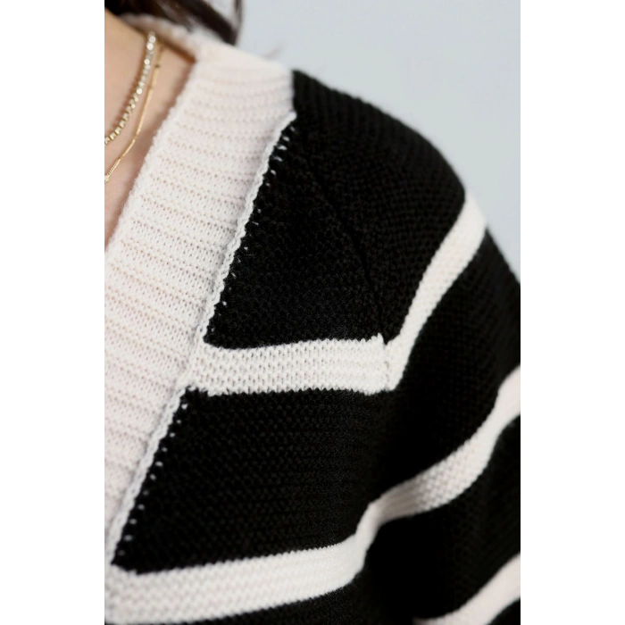 Düğmeli Çizgili Hırka Siyahlatte - 4035.1577.