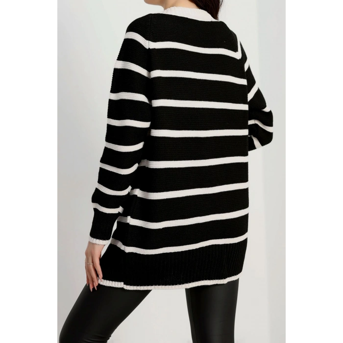 Düğmeli Çizgili Hırka Siyahlatte - 4035.1577.