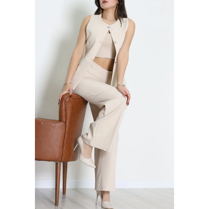 Düğmeli Dabıl İkili Takım Bej - 55039.1991.