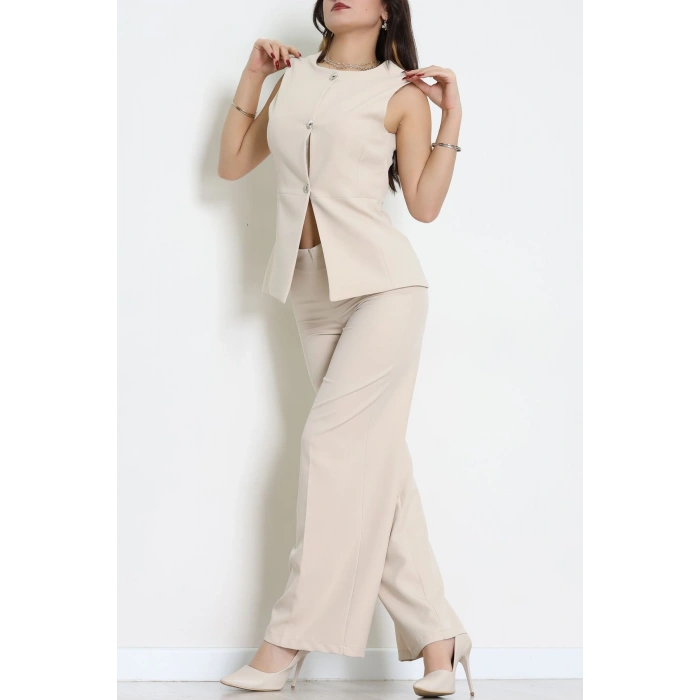 Düğmeli Dabıl İkili Takım Bej - 55039.1991.