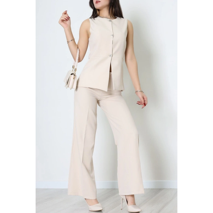 Düğmeli Dabıl İkili Takım Bej - 55039.1991.