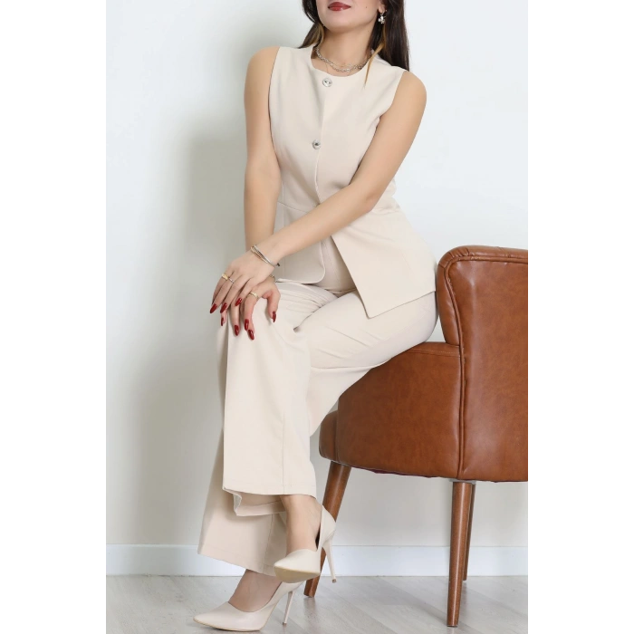 Düğmeli Dabıl İkili Takım Bej - 55039.1991.