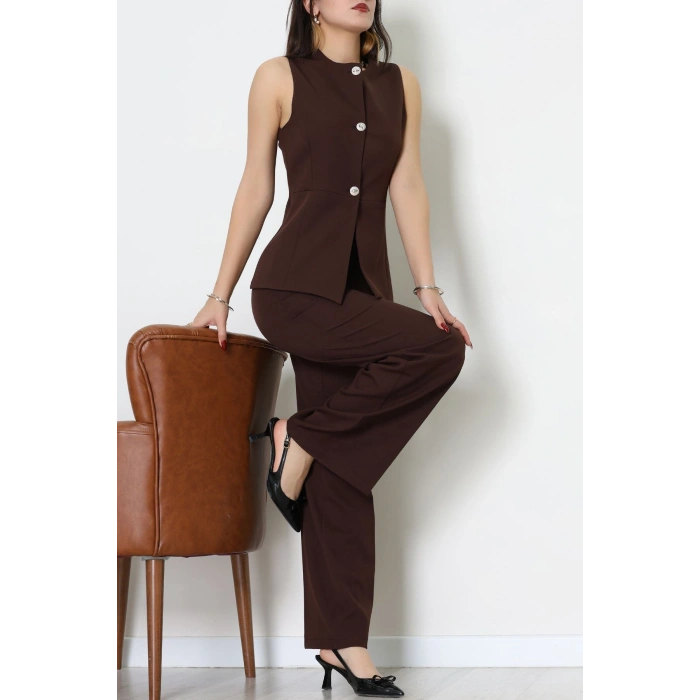 Düğmeli Dabıl İkili Takım Kahve - 55039.1991.